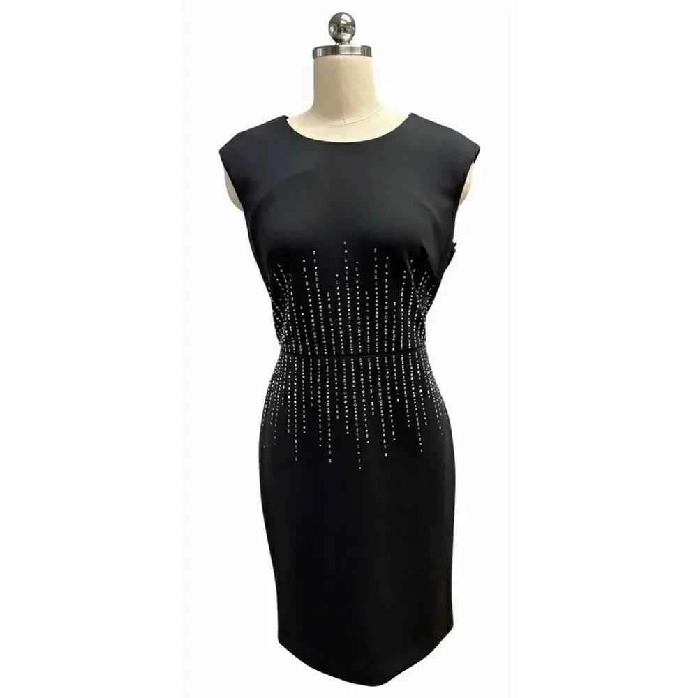 Calvin Klein Women’s Size 4 Rhinestone Sheath Dress Black Sleeveless Cocktail